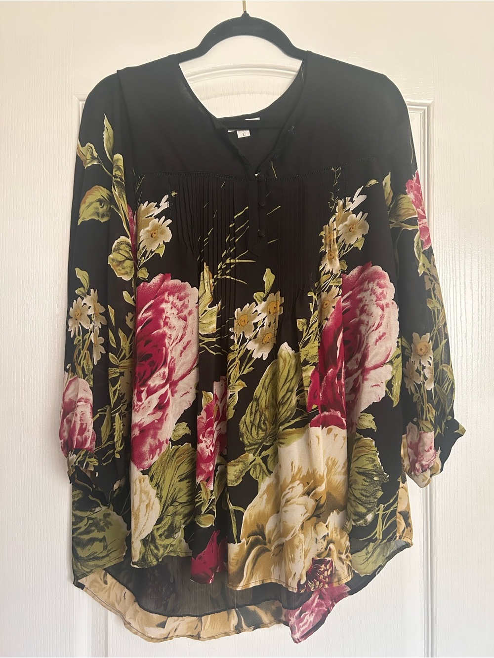 Velvet Black Blouse with Pink & Green Floral Print